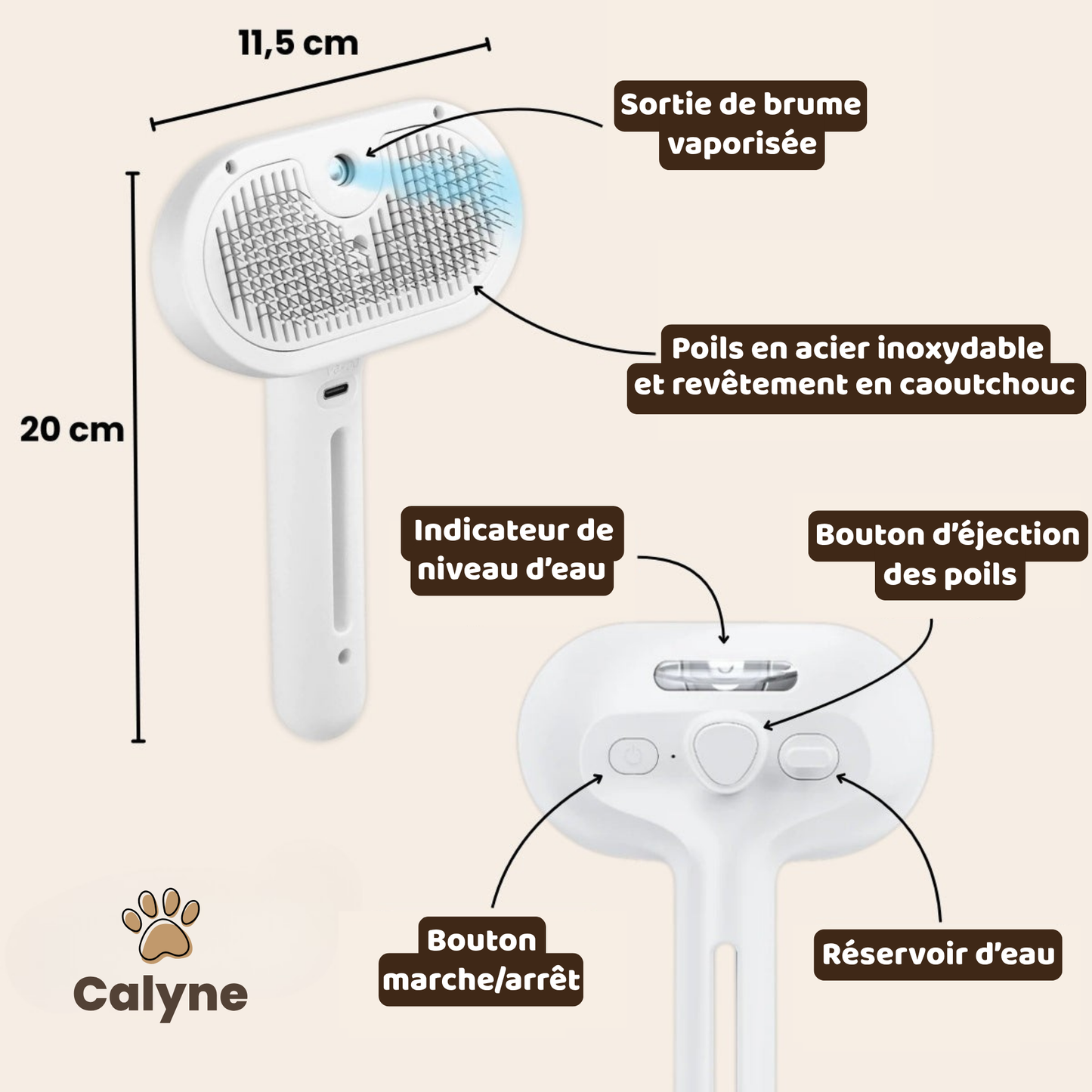 Calyne® SteamBrush Pro - Brosse de toilettage professionnelle pour animaux de compagnie