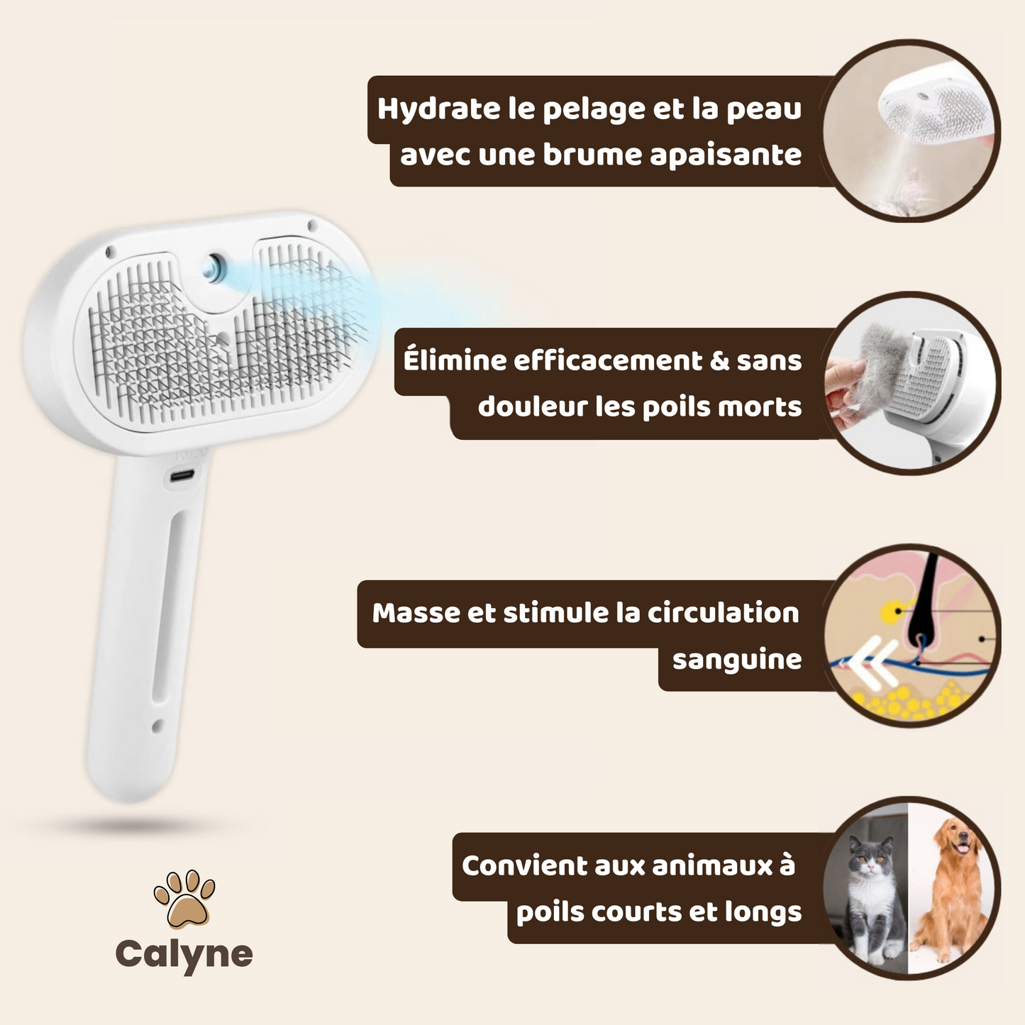 Calyne® SteamBrush Pro - Brosse de toilettage professionnelle pour animaux de compagnie