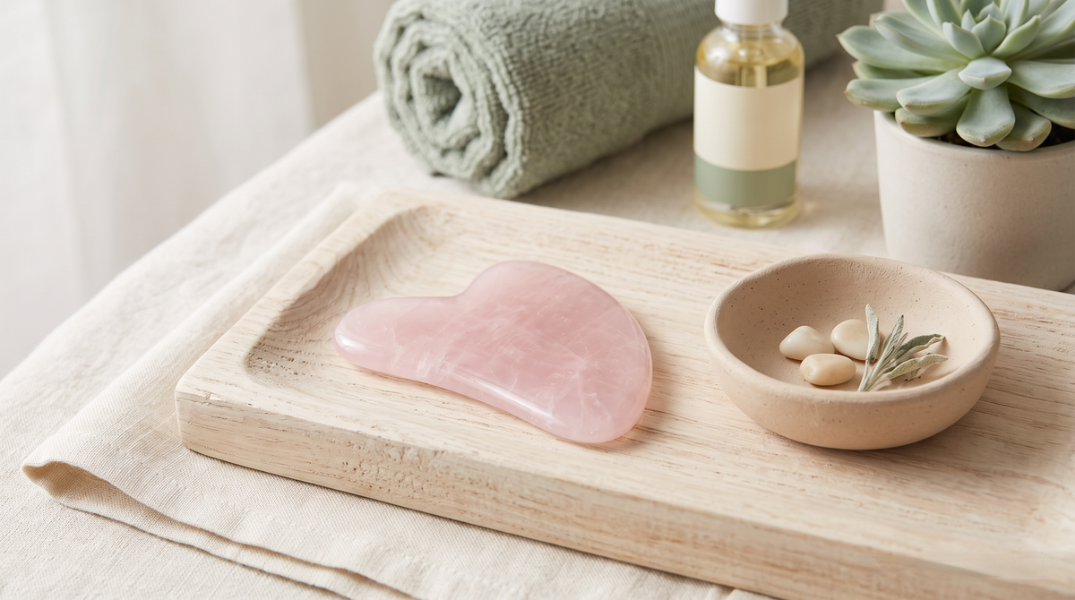 Le gua sha en quartz rose et le guide des quatre gestes disposés ensemble